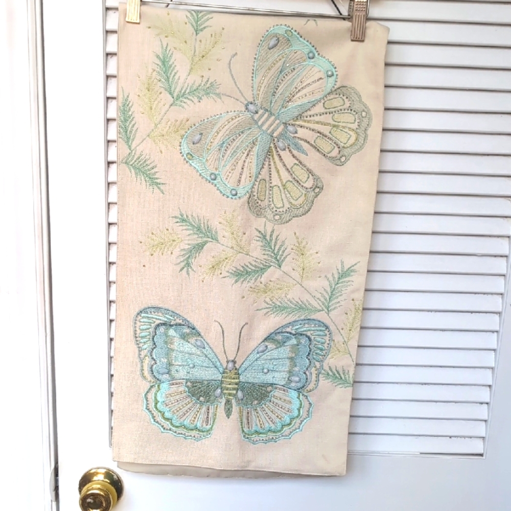 Pier 1 Floral and Butterfly Table Runner with Green and Cream